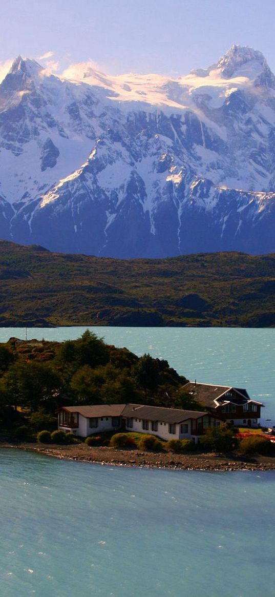 island, bridge, mountains, home, sky, trace