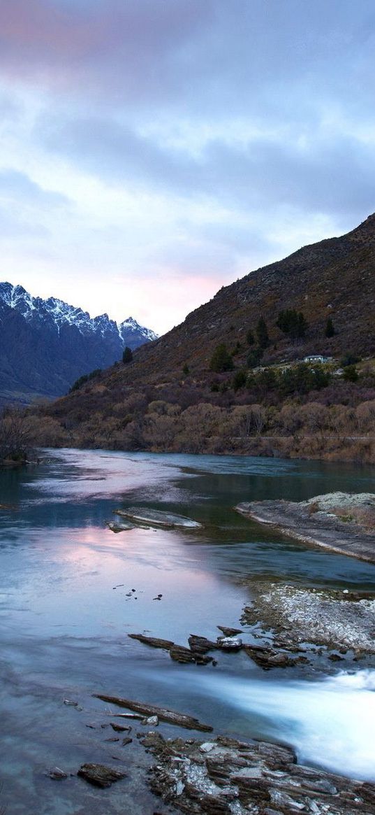 river, mountains, current, gloomy, emptiness