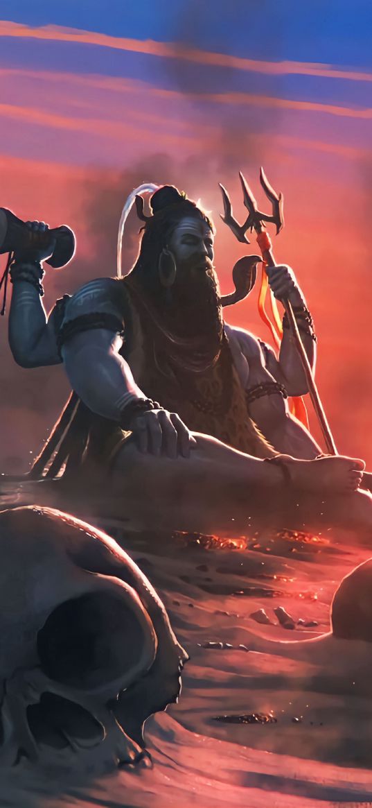 lord shiva, god, red, sand, art, skulls