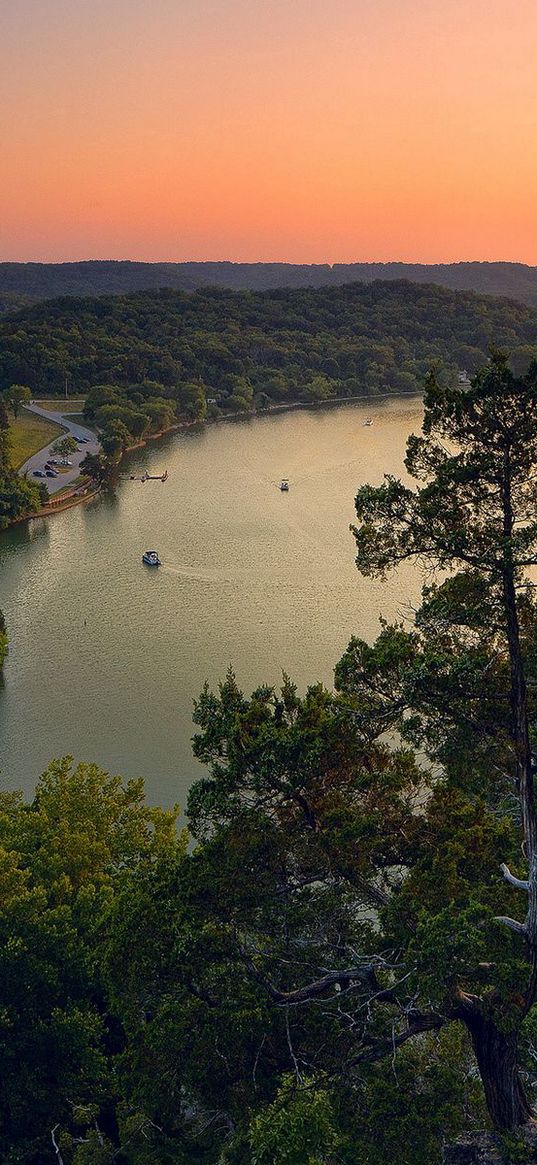 trees, lake, mountains, height, from above, look, decline, evening, orange, stony, snags