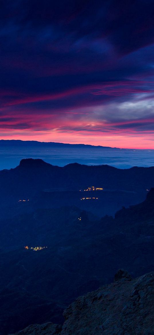 mountains, twilight, sky, clouds, fires, distance, darkness