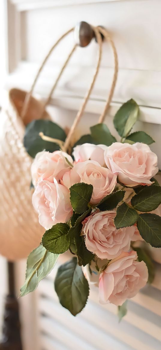 rose, creamy, door, basket, leaf