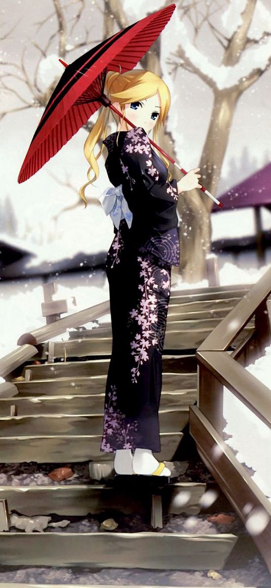 anime, geisha, kimono, winter, walk