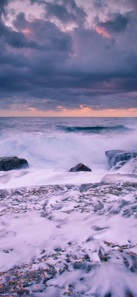 waves, coast, stone, storm, splashes, cloudy, splash, horizon, foam, clouds