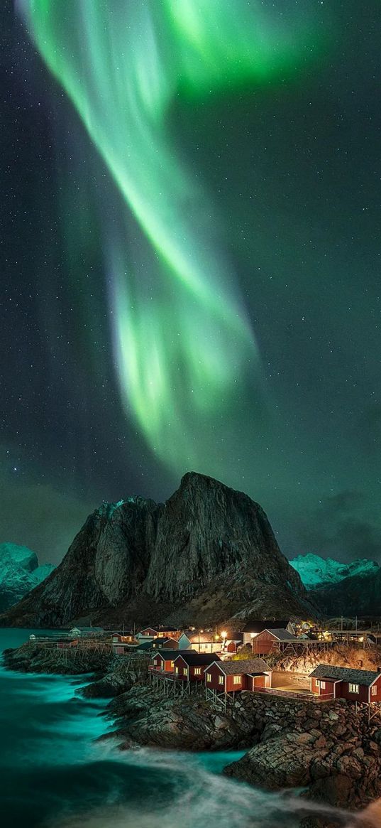 river, shore, houses, mountain, northern lights, nature, landscape