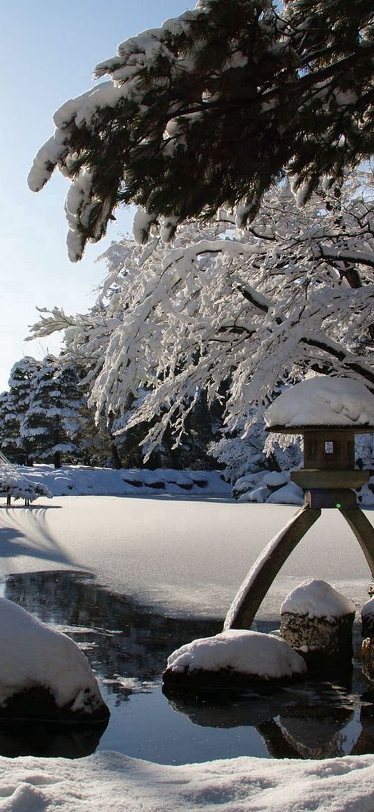 winter, snow, garden, lake, lamp, light, sun