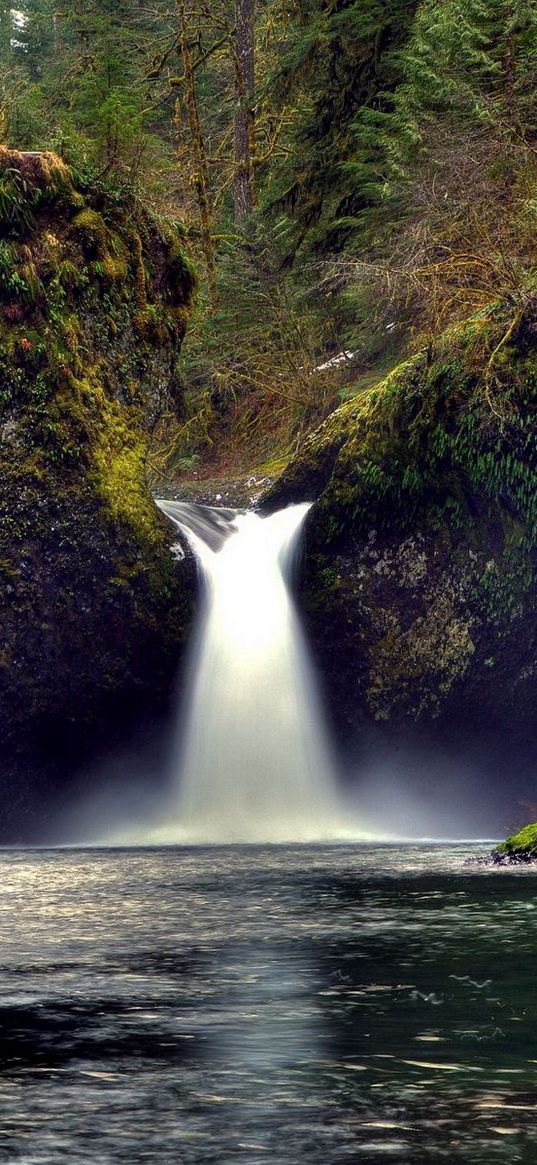 falls, rocks, moss, lake, terribly