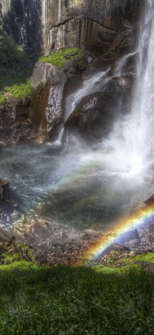 rainbow, falls, streams, stream, from above, stones, shadow, humidity, colors