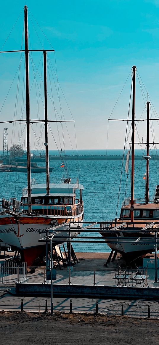 ships, sea, sky, pier, blue