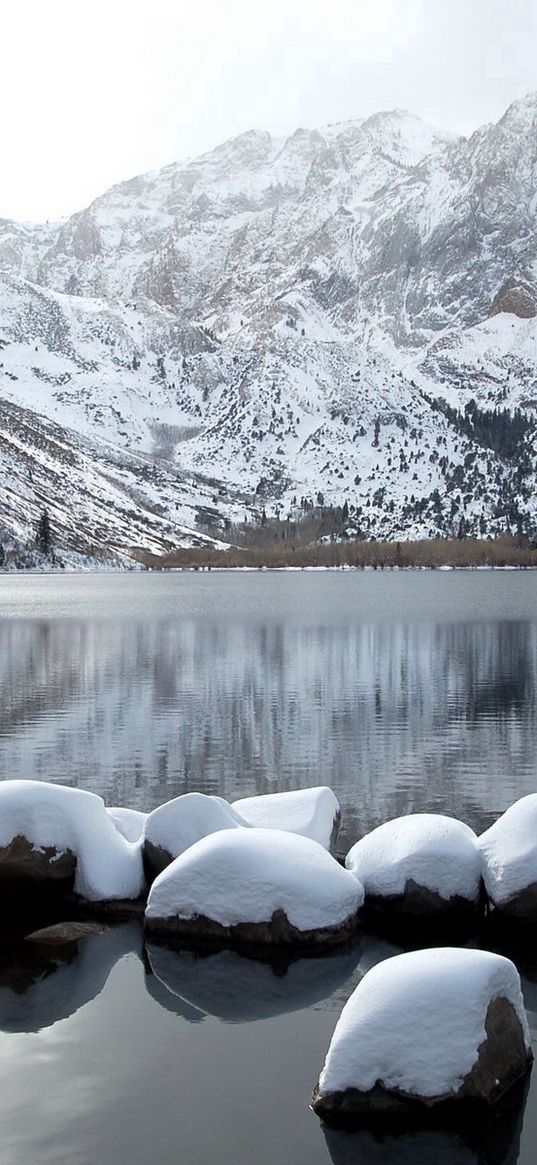 stones, row, snow, mountains, lake, distance