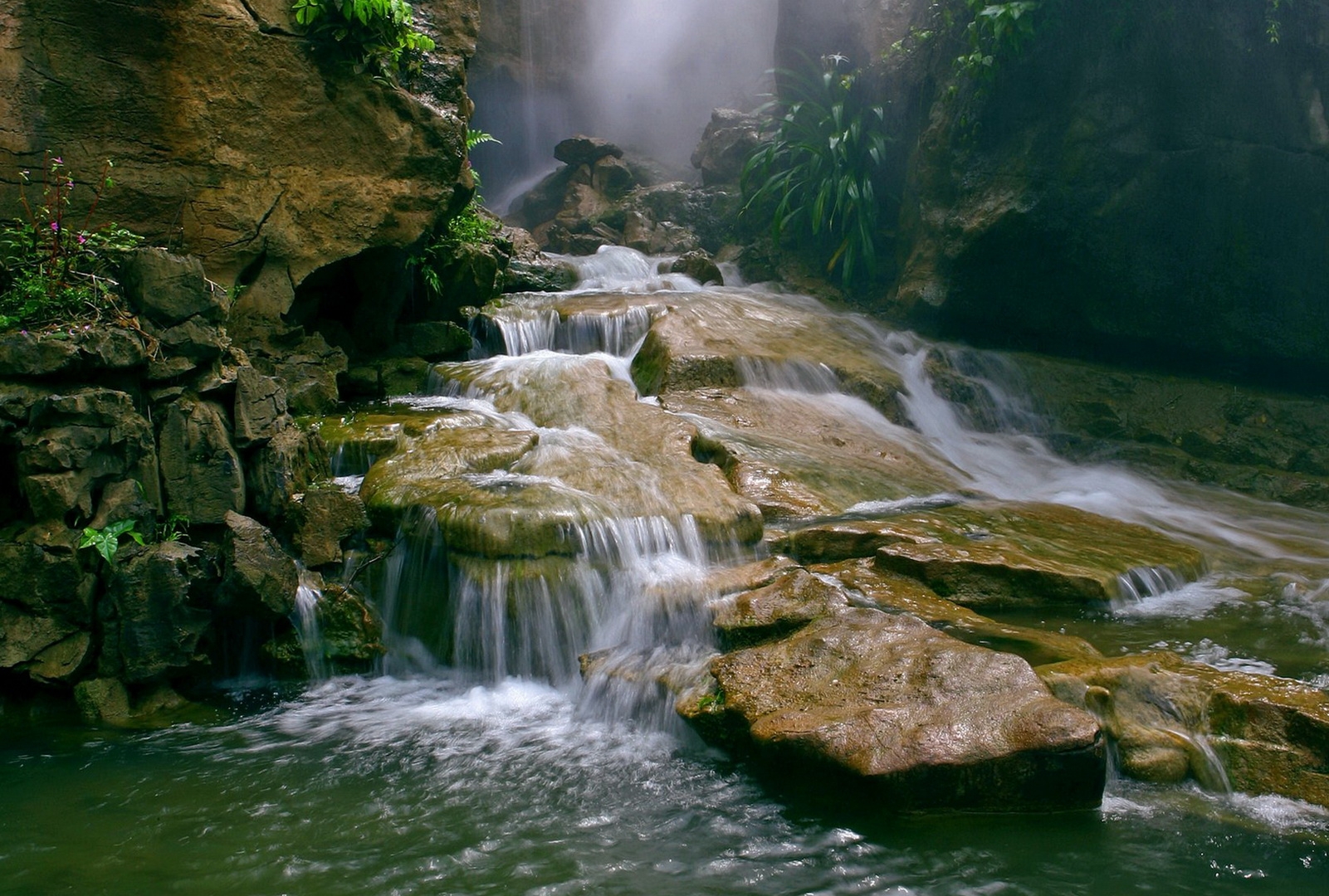 stones, plates, falls, stream, haze, streams