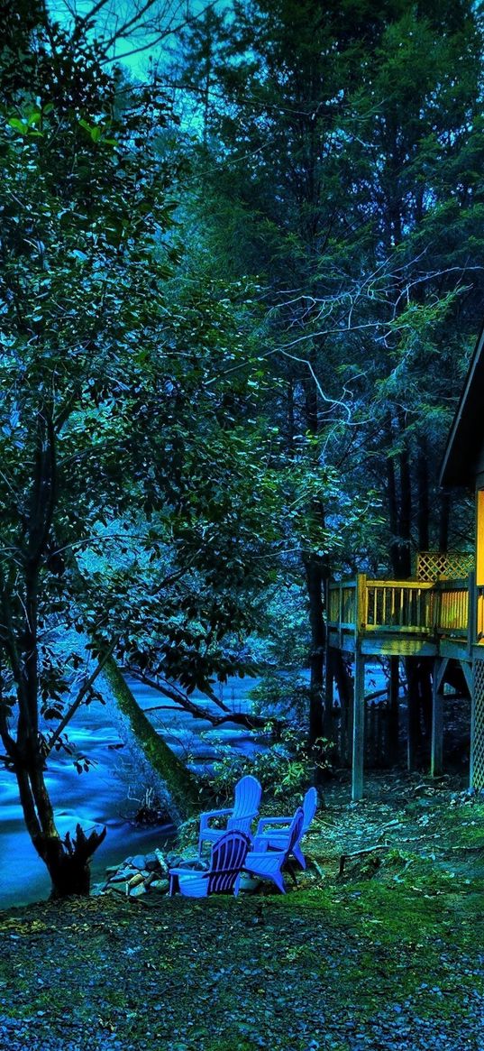 house, light, river, current, trees, star, twilight, verandah