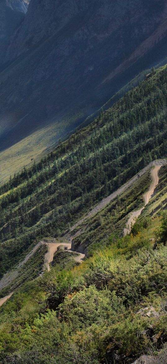 slope, mountain, path, twisting, river, girl, posing