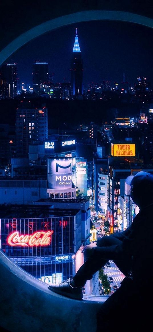 window, city, skyscraper, buildings, night, blue sky