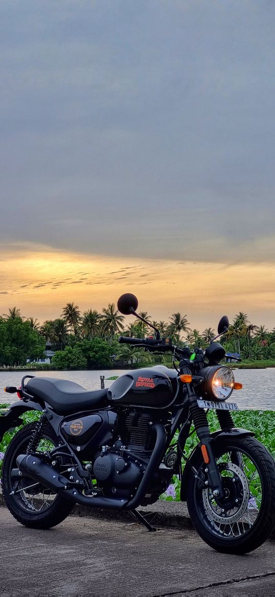 royal enfield, motorcycle, sunrise, river, black