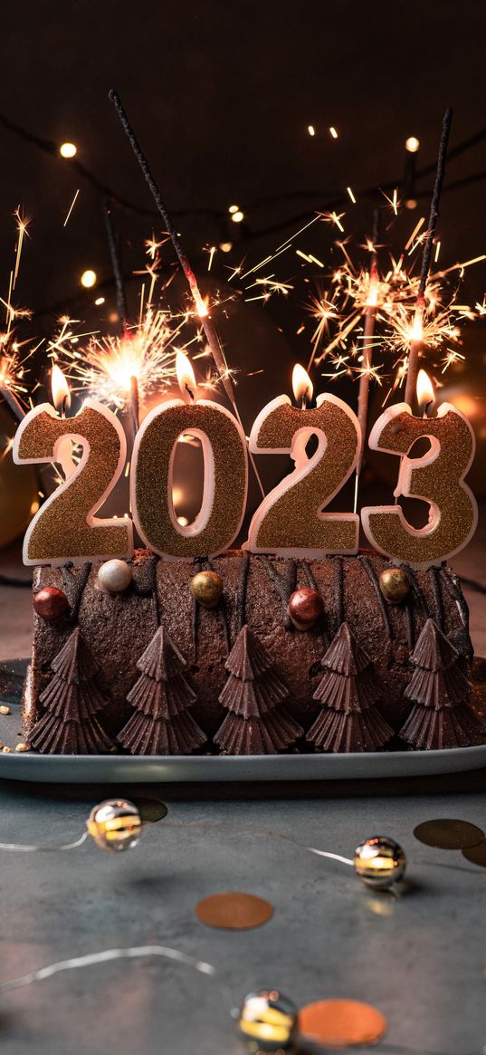 new year, holiday, 2023, cake, decorations, sparklers, candles