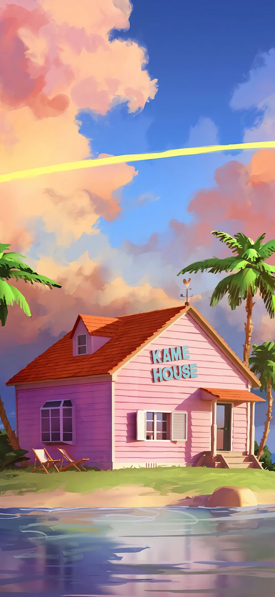 kame house, dragonball, anime, palm trees, art, pink