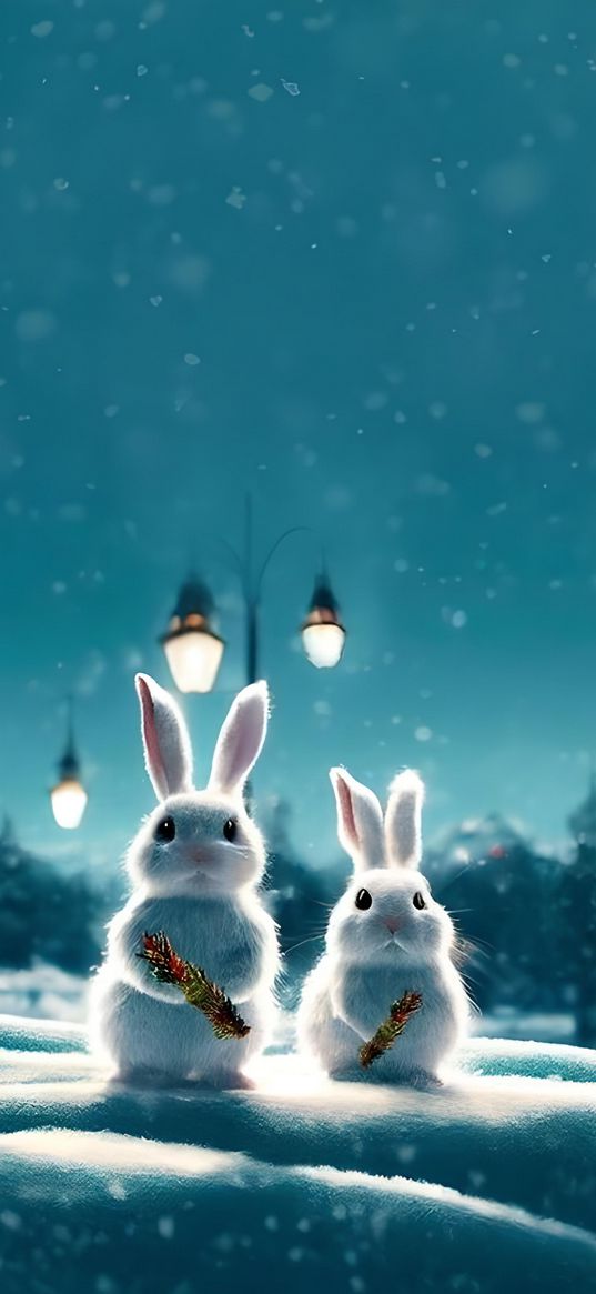 rabbits, fir branches, lanterns, snow, winter, christmas, new year, holiday