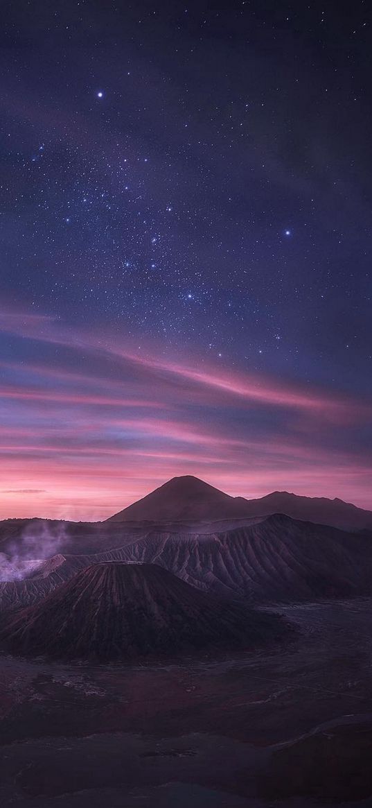 crater, volcano, mountains, steam, sunset, starry sky, stars, evening, landscape, nature