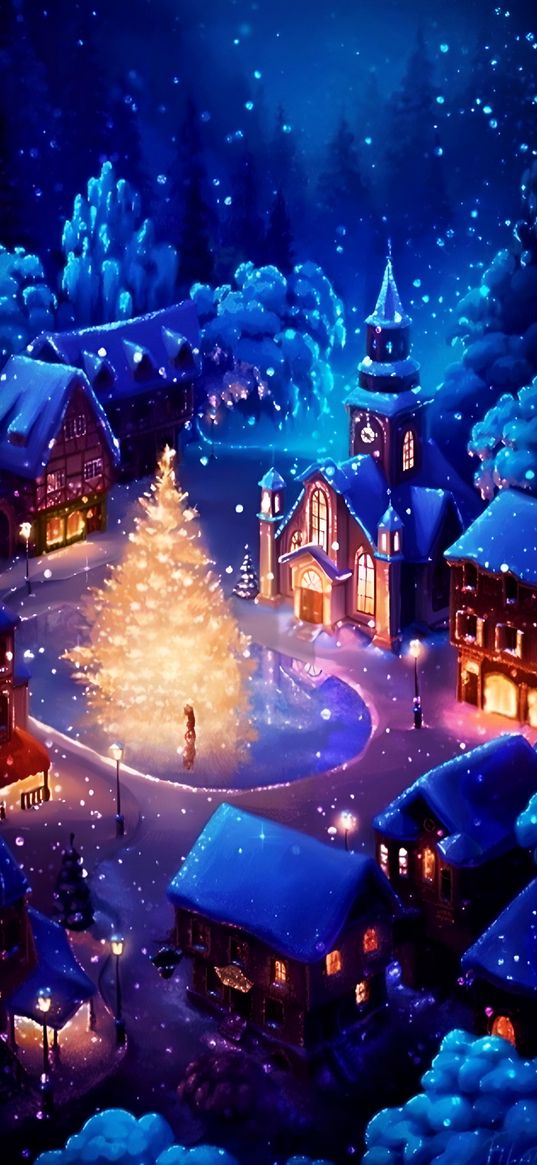 christmas tree, houses, village, city, lights, snow, winter, night, christmas, new year, holiday, art