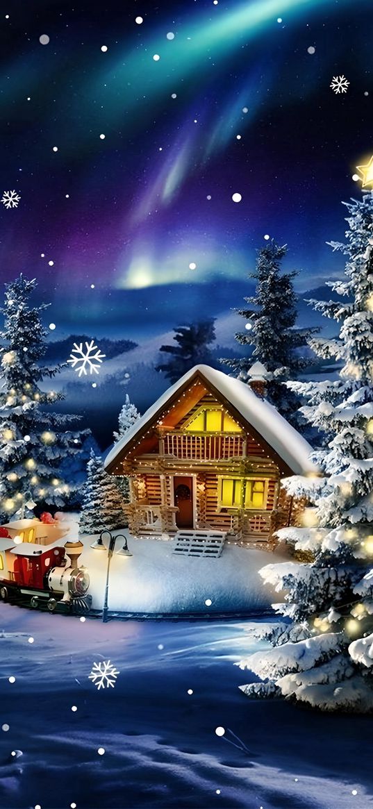 house, christmas tree, train, railway, snow, winter, northern lights, night, christmas, new year, holiday, art