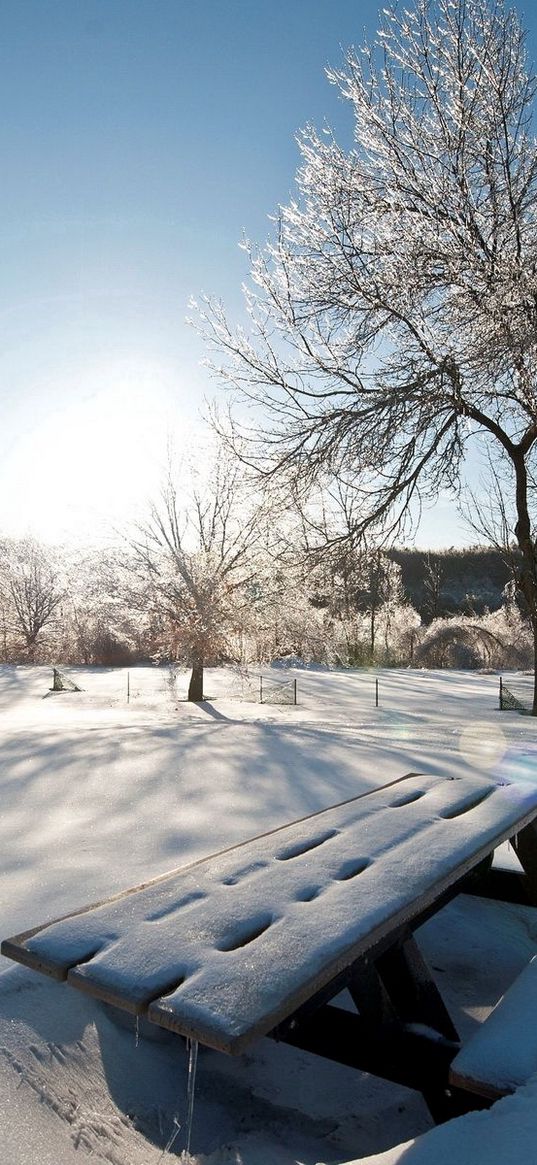 light, sun, winter, table, benches, snowdrifts, snow, cover, park, sky, clearly