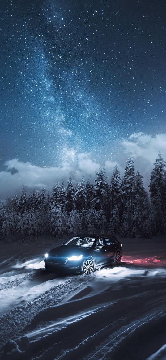 car, christmas trees, trees, forest, winter, milky way, starry sky, clouds, night, nature