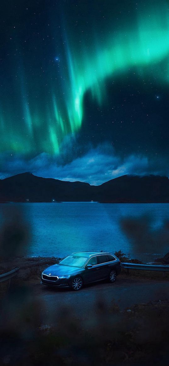 skoda, car, shore, lake, mountains, northern lights, clouds, starry sky, night, nature