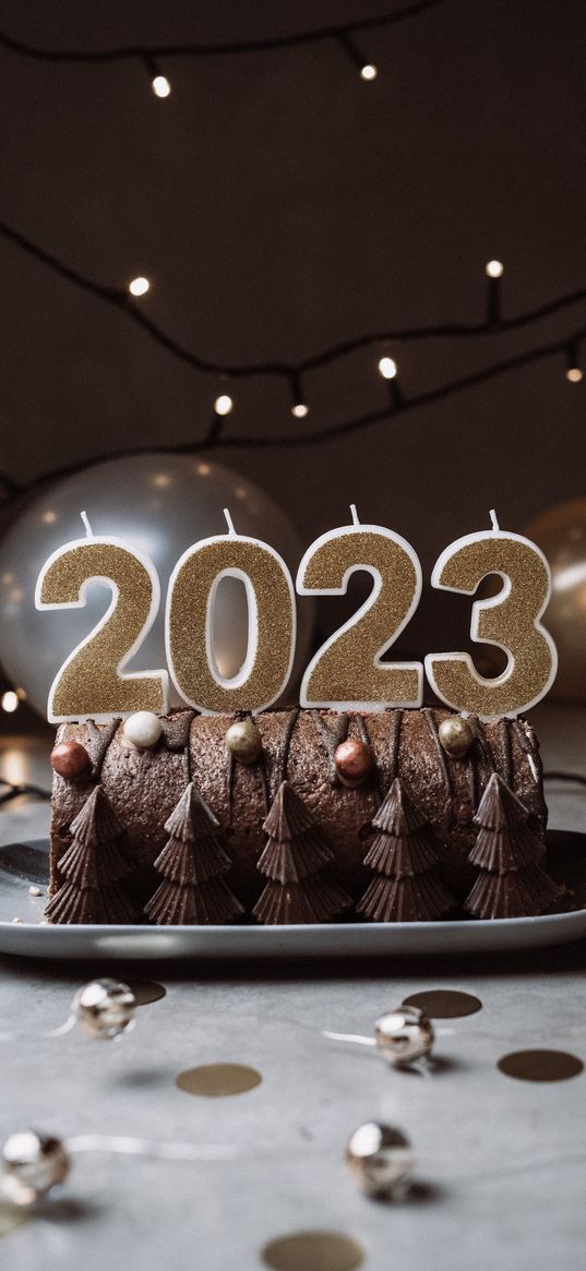 cake, 2023, candles, balloons, garland, sweets, chocolate, new year, christmas, holiday