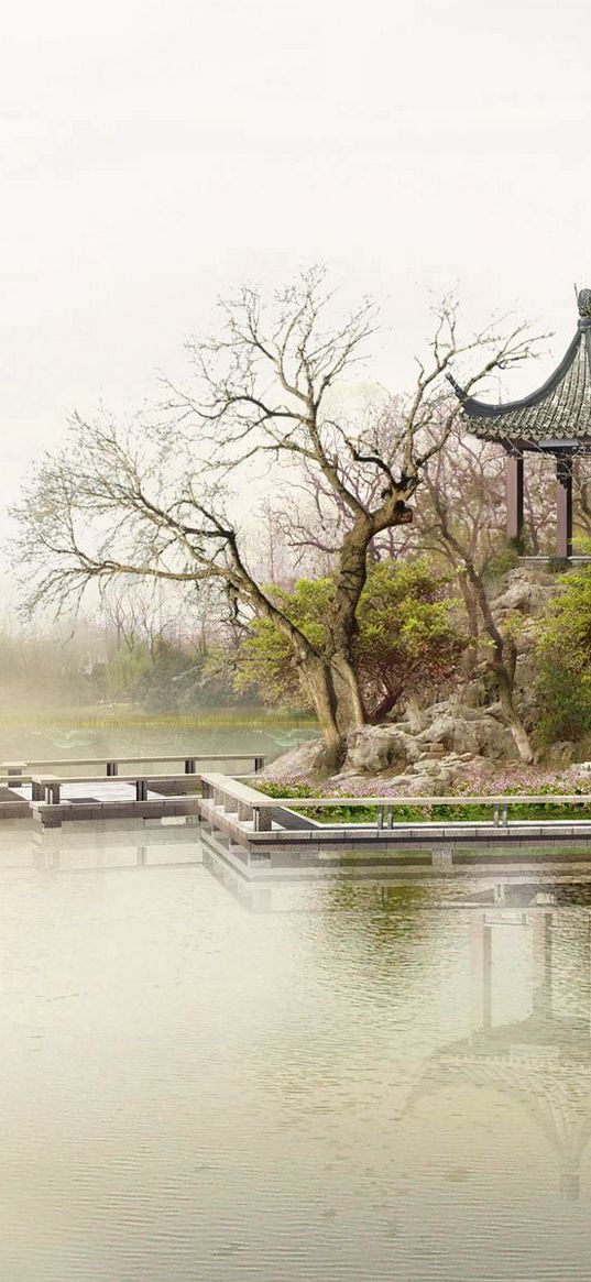 arbor, china, coast, lake, hieroglyphs, saying, haze, birds