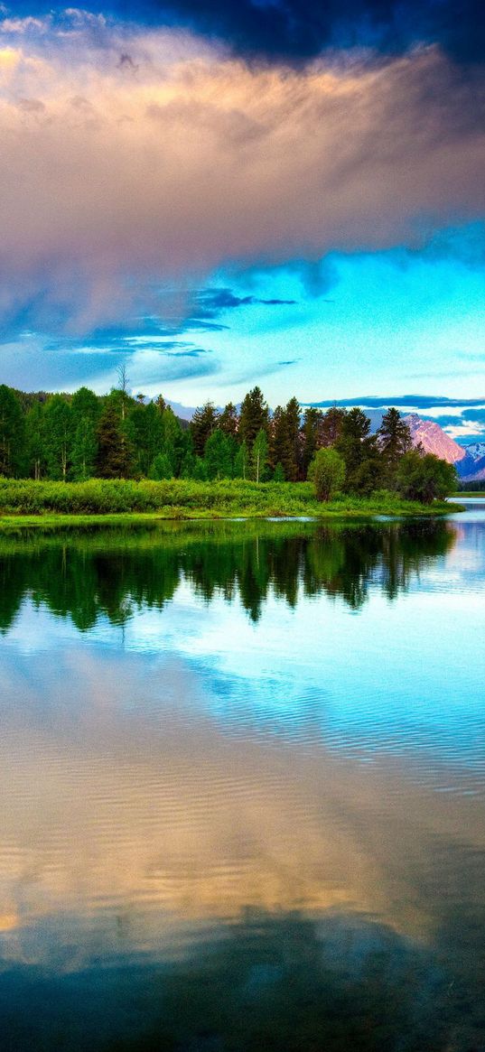 lake, mountains, clouds, sky, brightly, water smooth surface, contrast