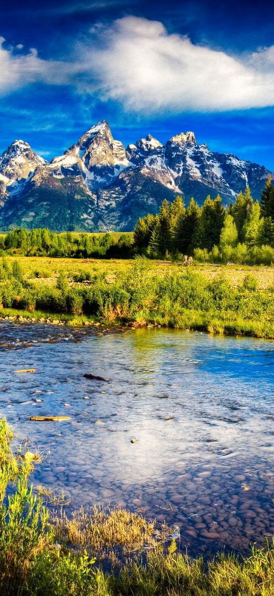 river, mountains, bottom, stones, brightly, sky, trees, grass, contrast