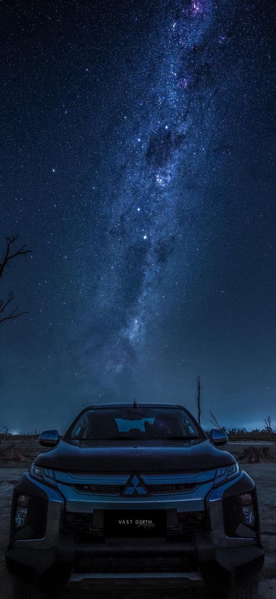 mitsubishi, suv, car, trees, savannah, milky way, starry sky, night, nature