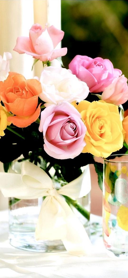 roses, bouquet, bow, table, glasses