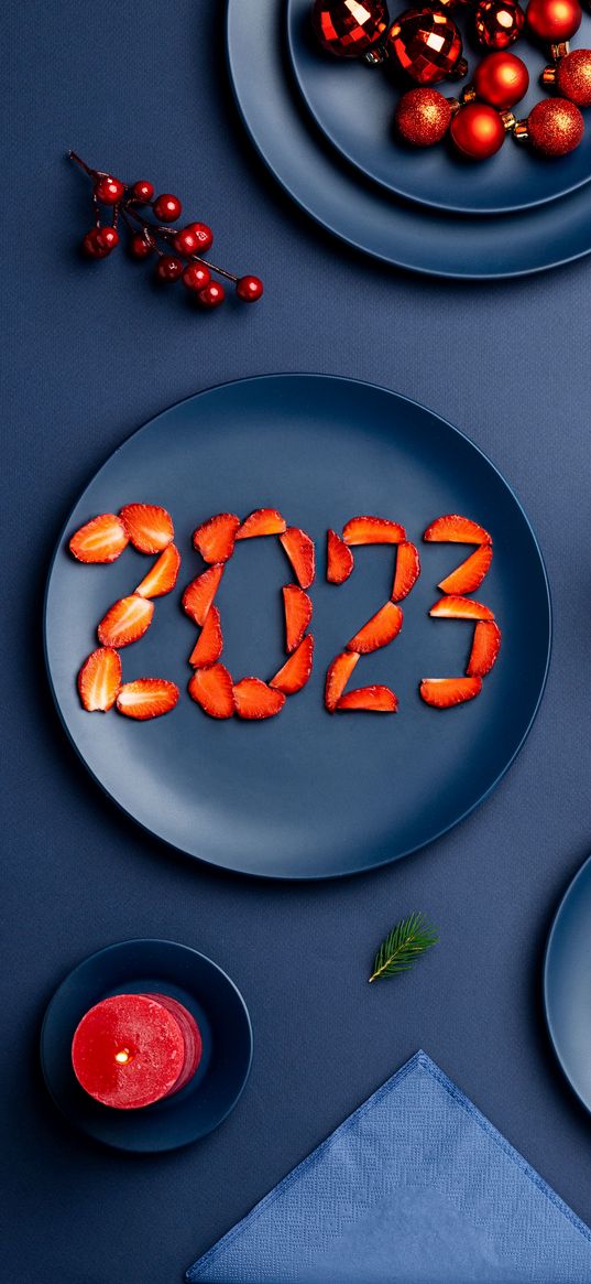 2023, plates, strawberries, berries, candle, christmas toys, fir branches, new year, christmas, holiday