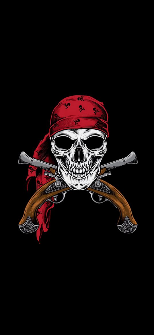 jolly roger, skull, pirate, bandana, muskets, black background, art