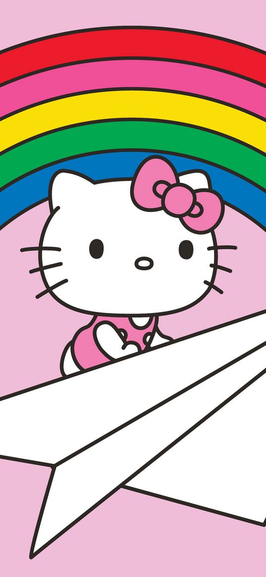 hello kitty, cat, cute, paper airplane, rainbow, clouds, pink background, art