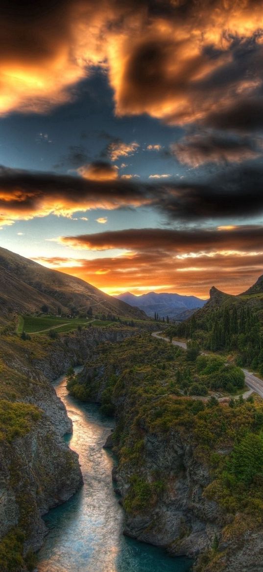 road, river, mountains, sky, clouds, colors, blackness, from above