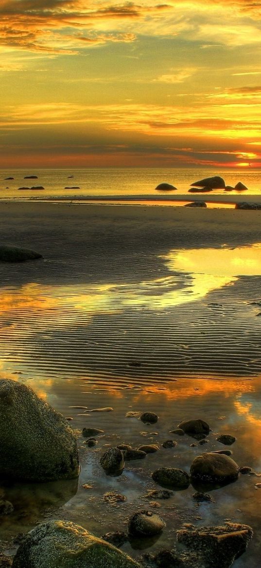 outflow, stones, water, lie, ripples, evening, orange, sea