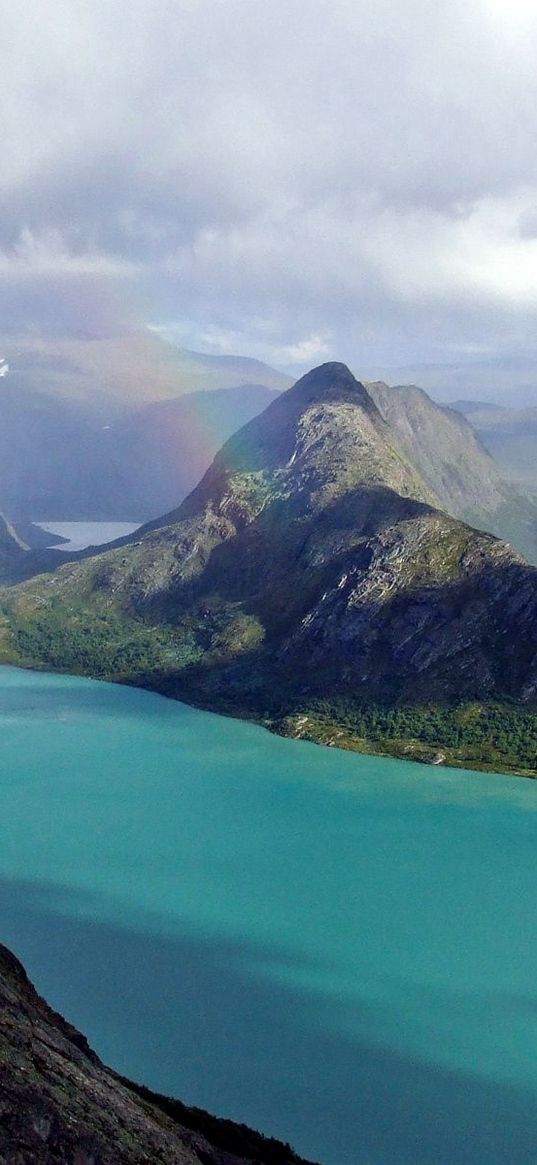 rainbow, ocean, mountains, land, relief, landscape, sky, clouds, river, coast