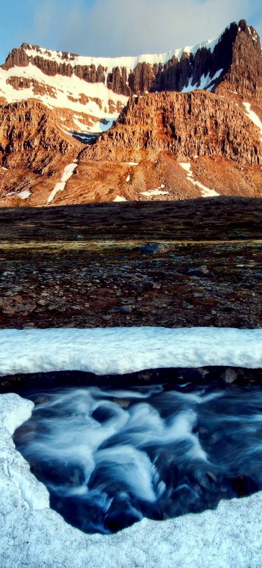 river, snow, crust, hole, stream, mountains, light