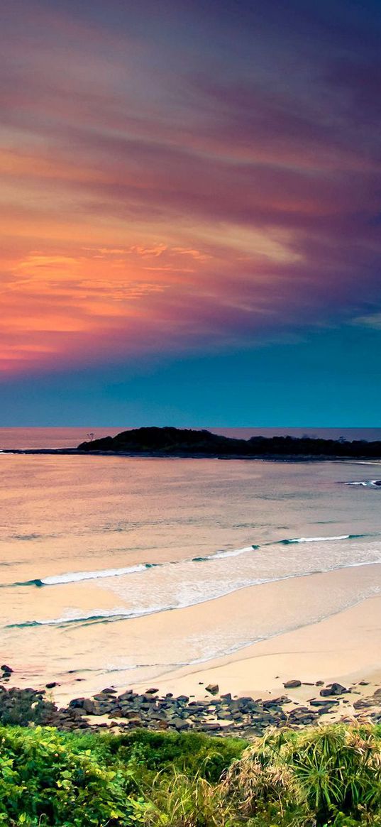 coast, ocean, waves, sand, beach, vegetation, sky, evening, bay, colors, tranquillity