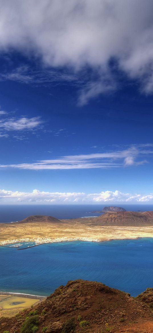 land, island, from above, clouds, sky, horizon, line