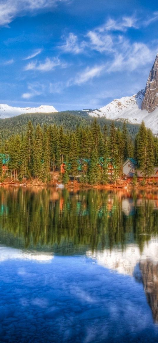 mountain, lakes, lodges, coast, wood, coniferous, colors, paints, reflection, bottom, sky, landscape