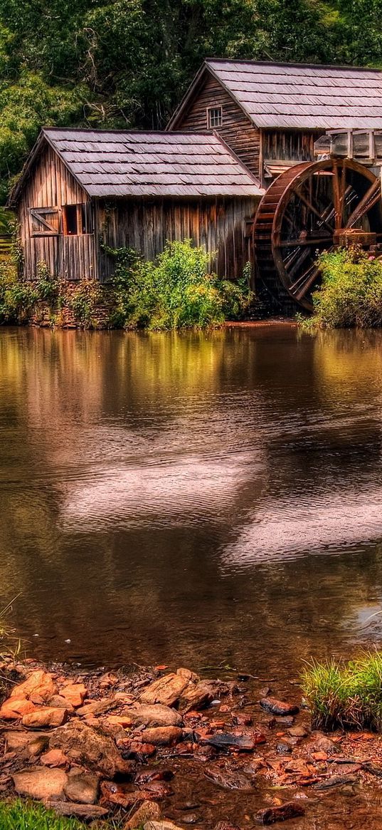 pond, geese, lodges, mill, wheel, summer