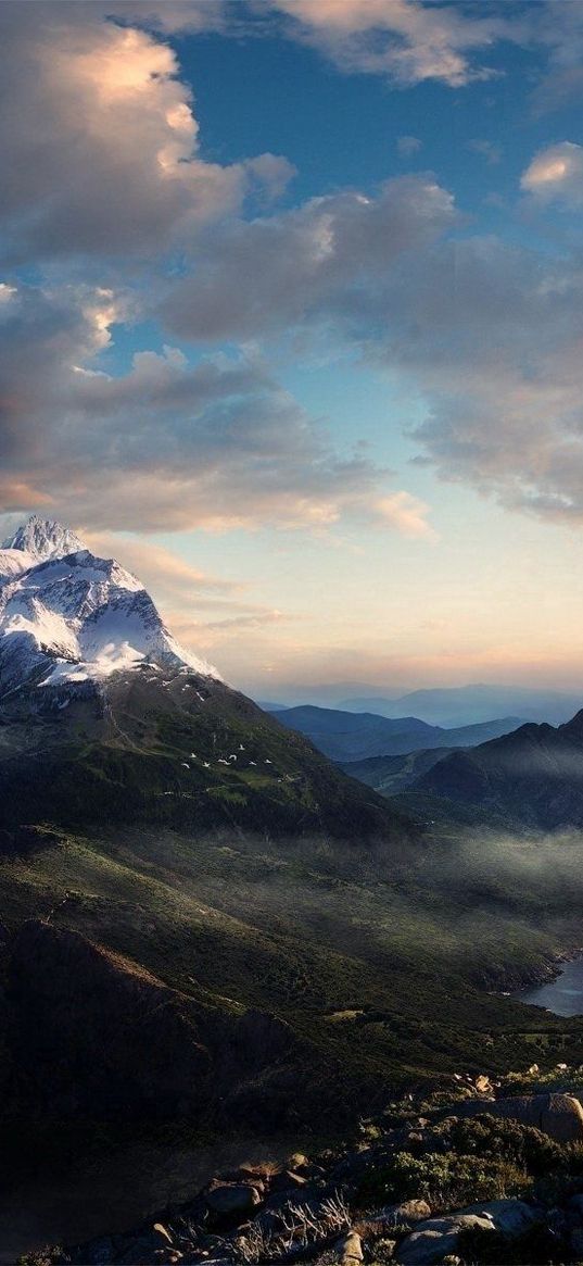 mountain, top, peak, clouds, sky, stones, distance, height, dreams