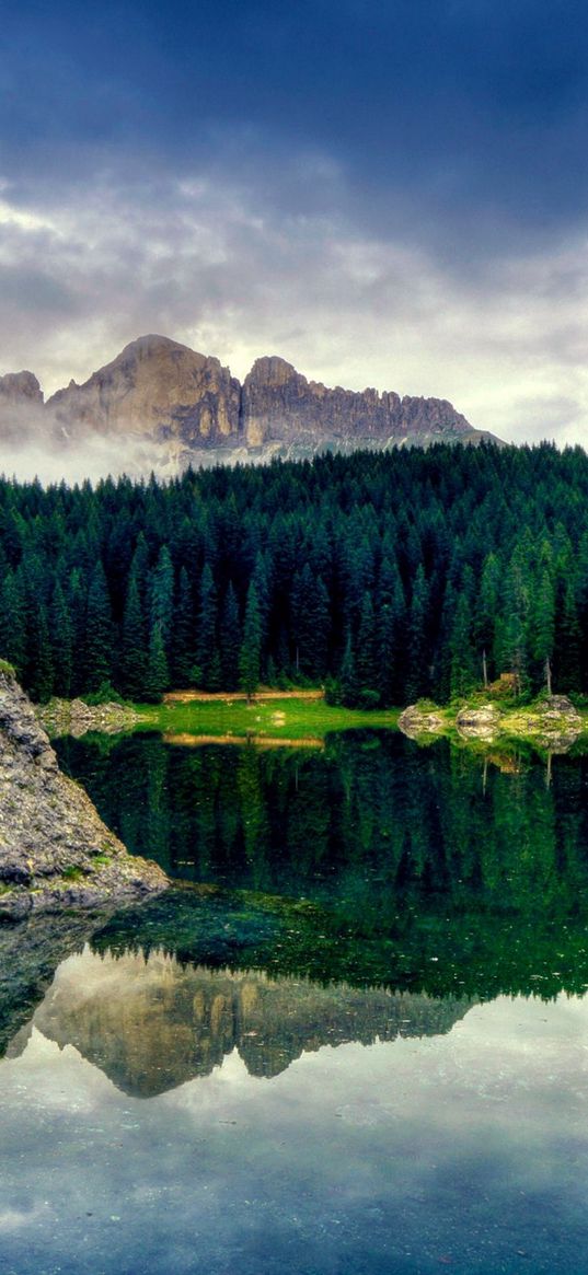 lake, stone, block, middle, surface of the water, mountains, wood, coniferous