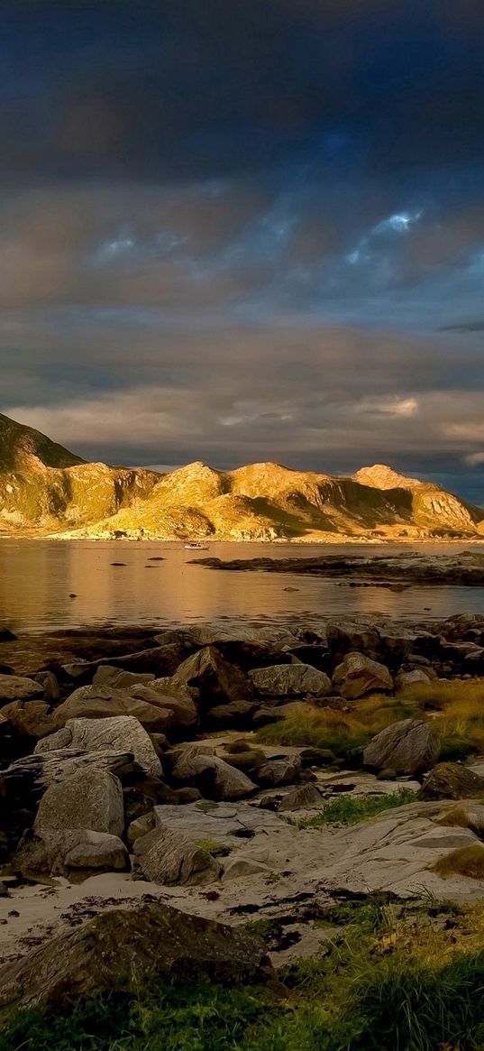 mountain, lighting, protected, stony, grass, sky, clouds, dense, gleam