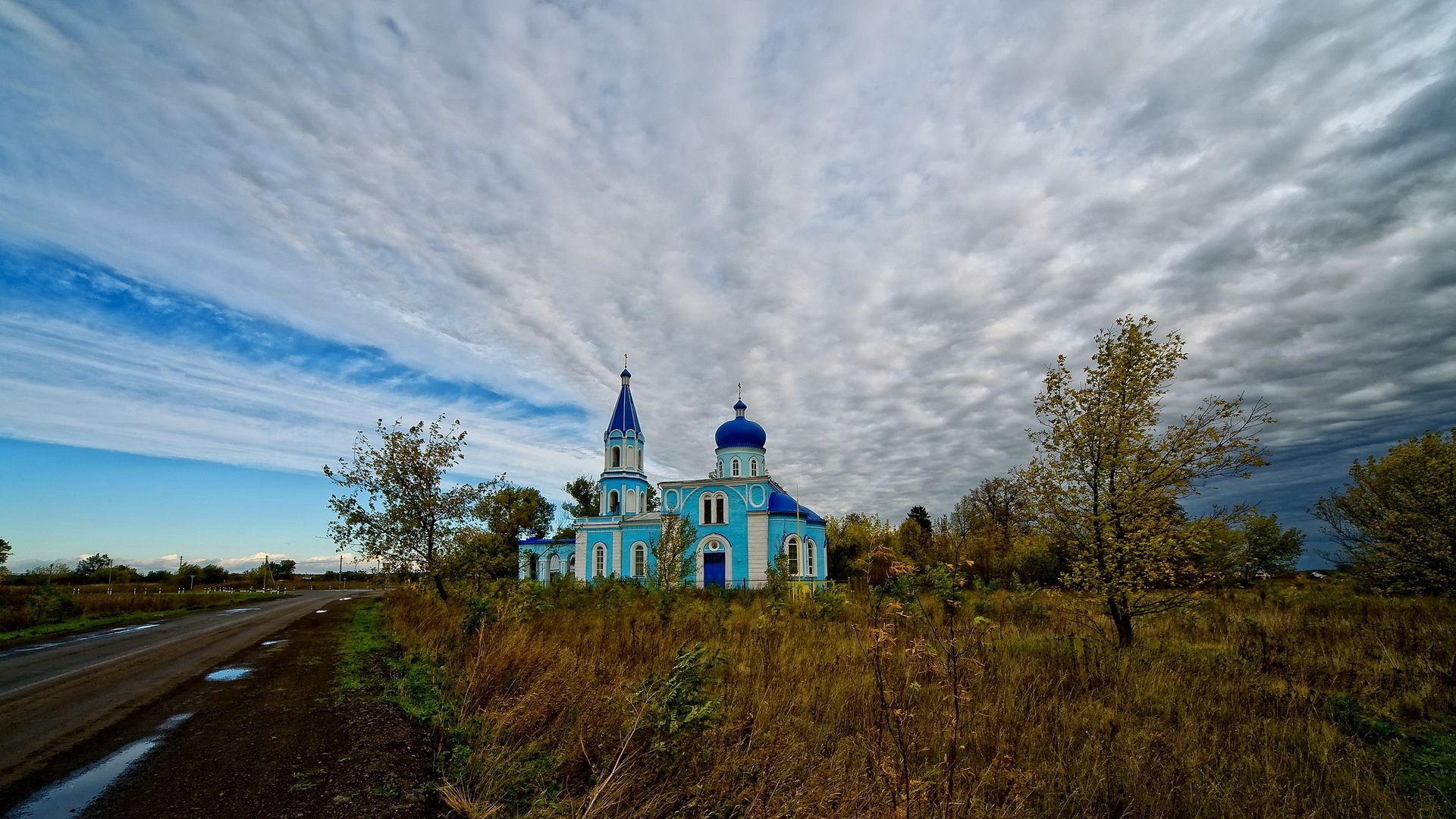 church, temple, road, autumn, grass, faded, dirt