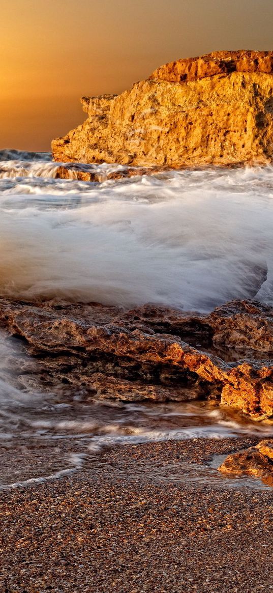 splashes, wave, splash, stones, porous, sea, rocks, coast, decline, sun, disk, orange